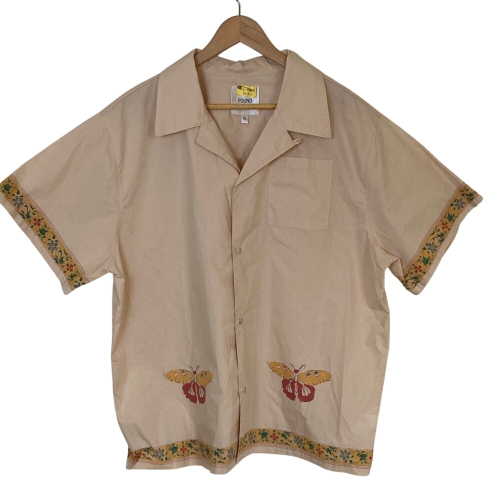 FoundCo Mens Designer Cream Short Sleeve Moth Camp Shirt‎ Size XL Cotton